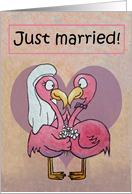 Pink Flamingo Couple Just Married Whimsical Card