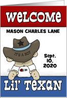 Congrats Lil’ Texan New Baby Custom Name Cowboy Hat on Baby Boy card