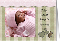 Customizable Photo Birth Announcement for Baby Girl Hearts and Bear card