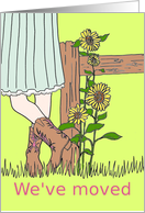 Sunflower Moving Announcement with cowgirl and wood fence Card