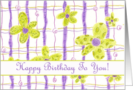 Happy Birthday Chartreuse Lavender Whimscial Flower Plaid card