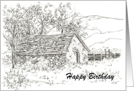 Black and White Rock House Happy Birthday Pen and Ink Art card