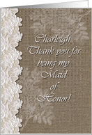 Charleigh, Maid of Honor, Lace Burlap, Wedding Attendant Thank You card
