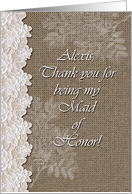 Alexis, Maid of Honor, Lace and Burlap, Wedding Attendant Thank You card