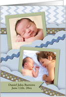 Baby Announcement, Blue Chevron, Ric Rac and Ribbons, Photo Card