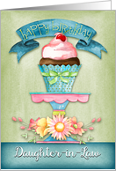 Happy Birthday, Daughter-in-Law, with hand painted flowers & cupcake. card