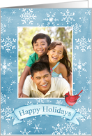 Custom Photo Happy Holidays with Snowflakes and Cardinal card