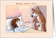 Corgi Dog Nurse Looking After Human Patient card