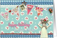 to a great co-worker, birthday card, bunting & roses, vintage girl card