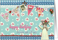 from all of us, birthday card, bunting & roses, vintage girl card