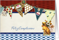 happy birthday in Spanish, bunting, cupcake, scrapbook style card