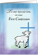 Son First Confession with Lamb Cross on Blue and Purple card