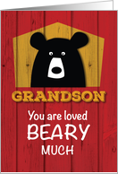 Grandson Valentine Bear Wishes on Red Wood Grain Look card