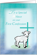 Niece First Confession Lamb Cross on Teal and Purple card