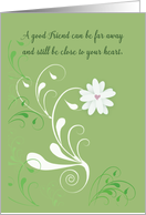 Friend Thinking of You White Swirls with Heart in Flower on Green card