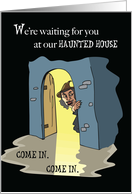 Halloween Party Invitation with Witch and Haunted House card
