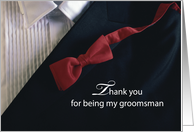 Groomsman Thank You With Red Tie and Black Tuxedo card