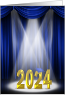 2024 High School Graduation Gold Text In Spotlight With Blue Curtains card