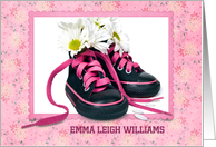 Baby Girl personalize announcement, daisy bouquet in sneakers card