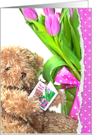 Birthday Party invitation - teddy bear with tulips and polka dot bow card