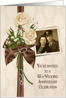 65th Anniversary party photo card invitation with ivory rose bouquet card