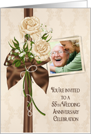 55th Anniversary party photo card invitation with ivory rose bouquet card