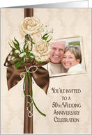 50th Anniversary party photo card invitation with ivory rose bouquet card