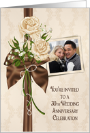 30th Anniversary party photo card invitation with ivory rose bouquet card