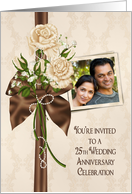 25th Anniversary party photo card invitation with ivory rose bouquet card