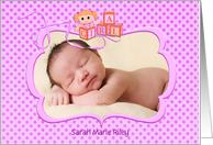Baby Girl Announcement photo card with doll on pink polka dot frame card