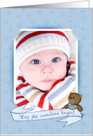 Baby Boy Announcement photo card with banner and teddy bear card