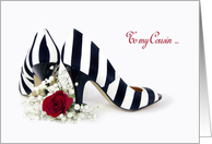 Maid of Honor request for Cousin-striped pumps with red rose card