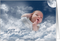 Baby Girl Announcement, baby girl in clouds with moon and stars card