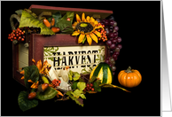 Thanksgiving fruits and vegetables in wooden harvest box card