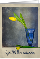 Good Luck yellow tulips in blue vase on vintage textured background card