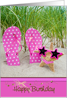 Birthday for Friend, polka dot flip flops with starfish in sand card