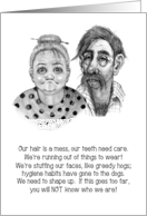 Isolation Humor, Unkempt Couple, Social Distancing, Pencil Drawing card