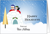 Our New Address Christmas Card Announcement-Igloo-Tree-Elf-Girl-Snow card