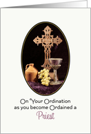 For Priest Ordination Greeting Card-Cross, Jug, Chalice & Grapes card
