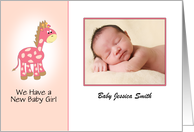 New Baby Girl Announcement Photo Card with Giraffe card