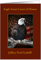 Eagle Scout Court of Honor, Custom Text, Eagle on Log with Flag, Red card