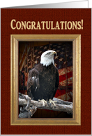 Congratulations Eagle Scout, Proud Eagle on log with old flag in gold card