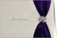 Wedding Invitation, Deep Purple Satin Ribbon with Jewel on Right card