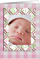Photo Card, Pink Flowers and Checked Frame, Birth Announcement card