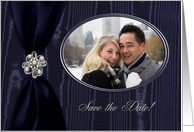 Save the Date Photo Card, Blue Ribbon Look with Jewel on Moire card