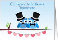 Blue Owls, Pink Hearts, Gay Men Wedding Congratulations card