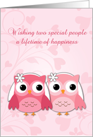 Pink Owls, Pink Swirls and Hearts, Lesbian Wedding Congratulations card