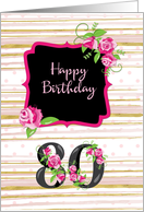 80th Birthday Pink Roses Polka Dots Gold Stripes card