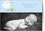 Cloud, Moon, Gold Stars Blue Baby Announcement card