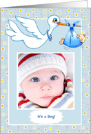 Stork, Daisies, Blue Baby Bundle Photo Card